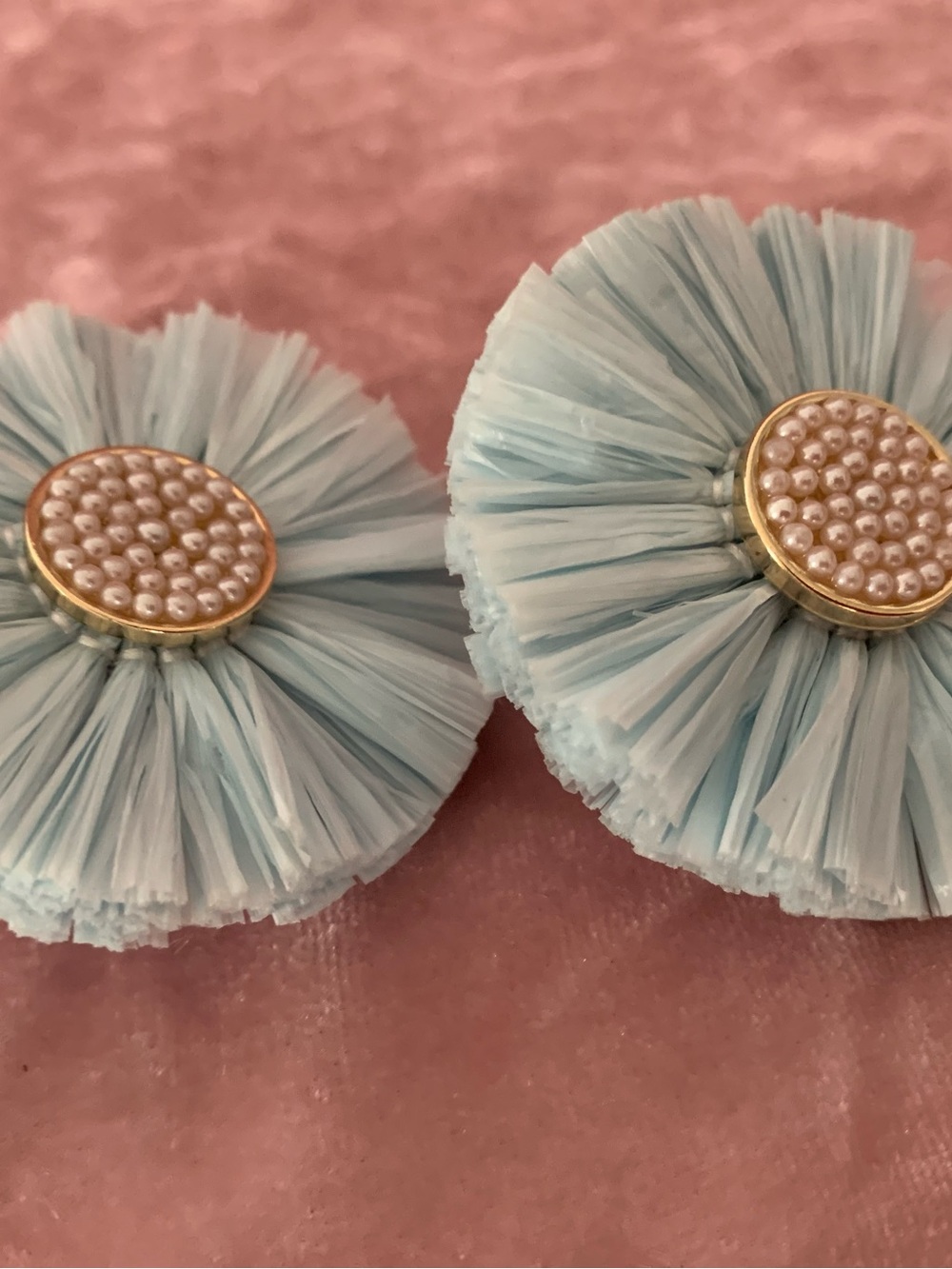 Light Blue Raffia Flower Button Earrings with Pearl Center